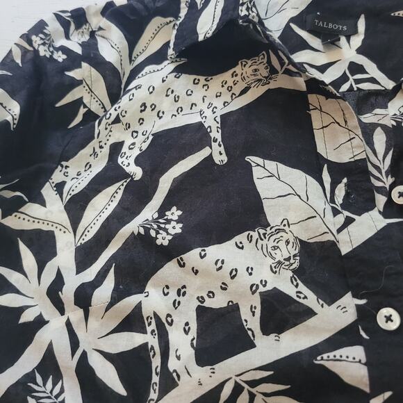 Talbots Size M Cotton Button Front Shirt Tropical Panther Black White Collared - Picture 8 of 9